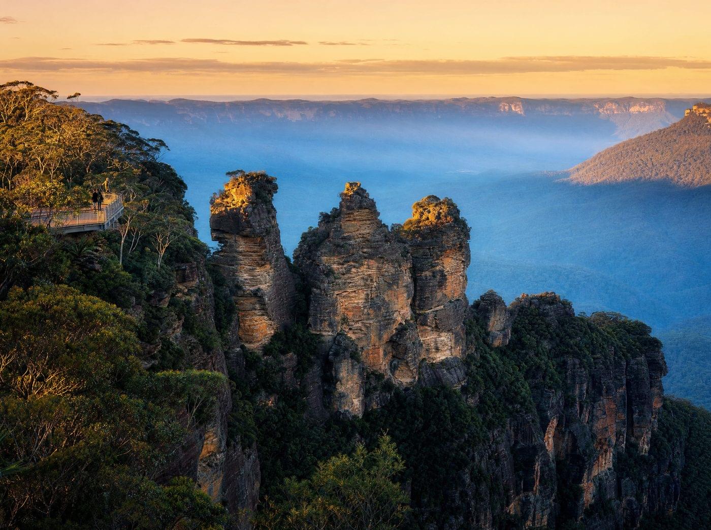 The Three Sisters rock formation in the Blue Mountains at golden hour