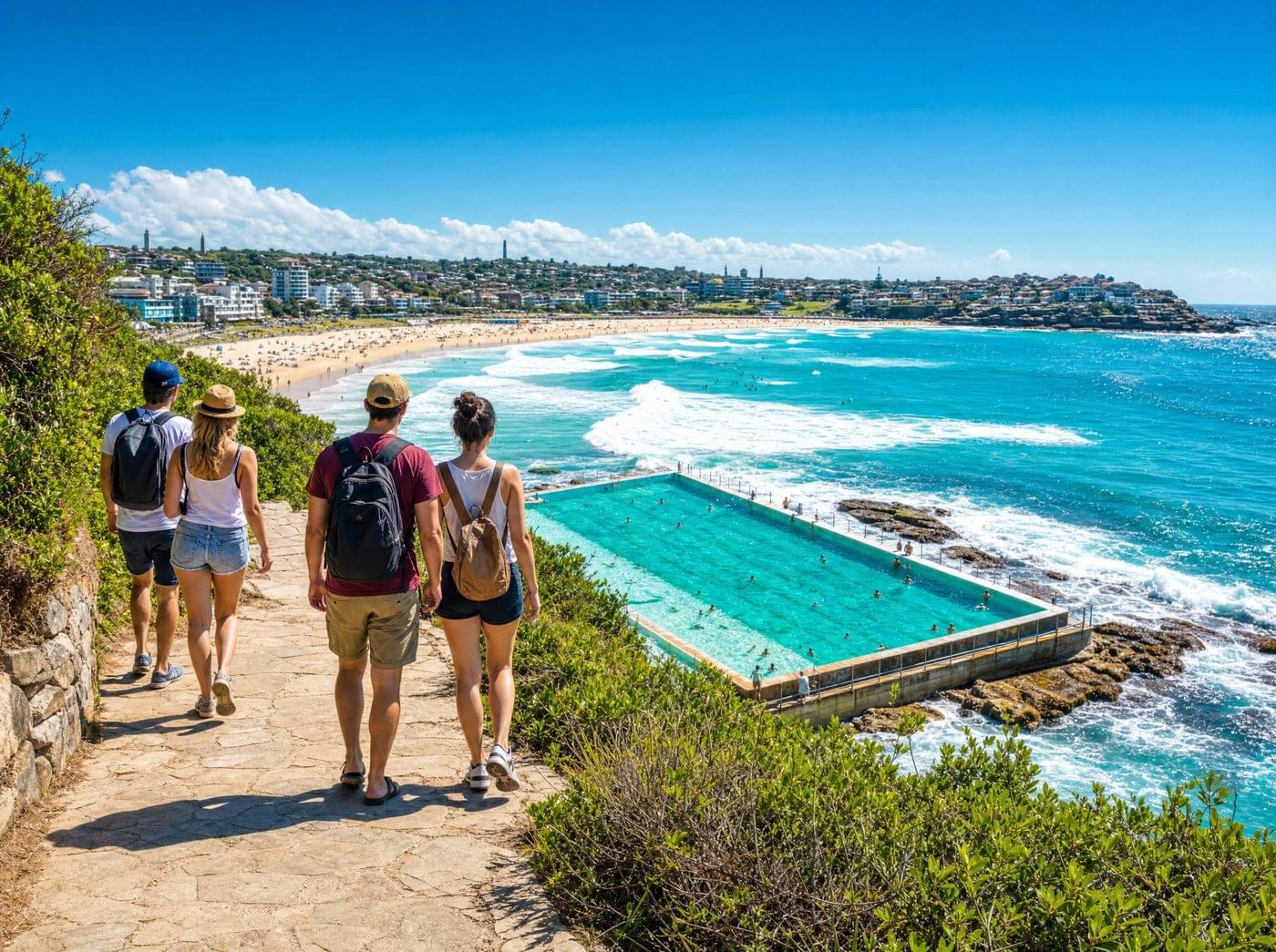 Visitors walking the Bondi to Coogee coastal path above Bondi Icebergs pool