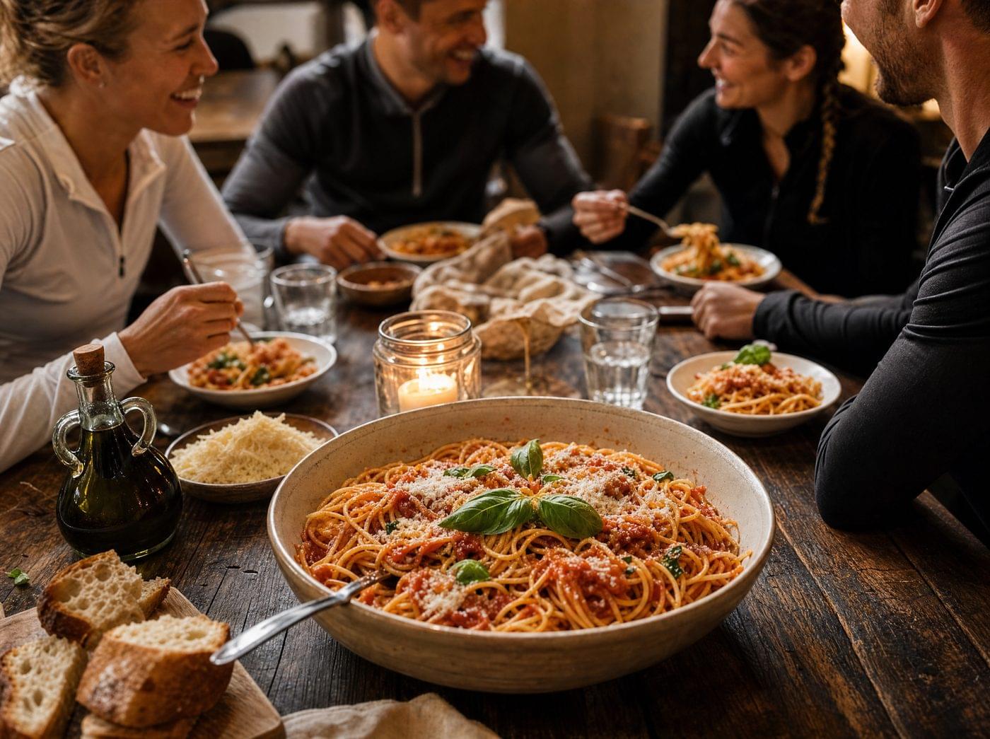 Runners sharing a pasta dinner the night before the race