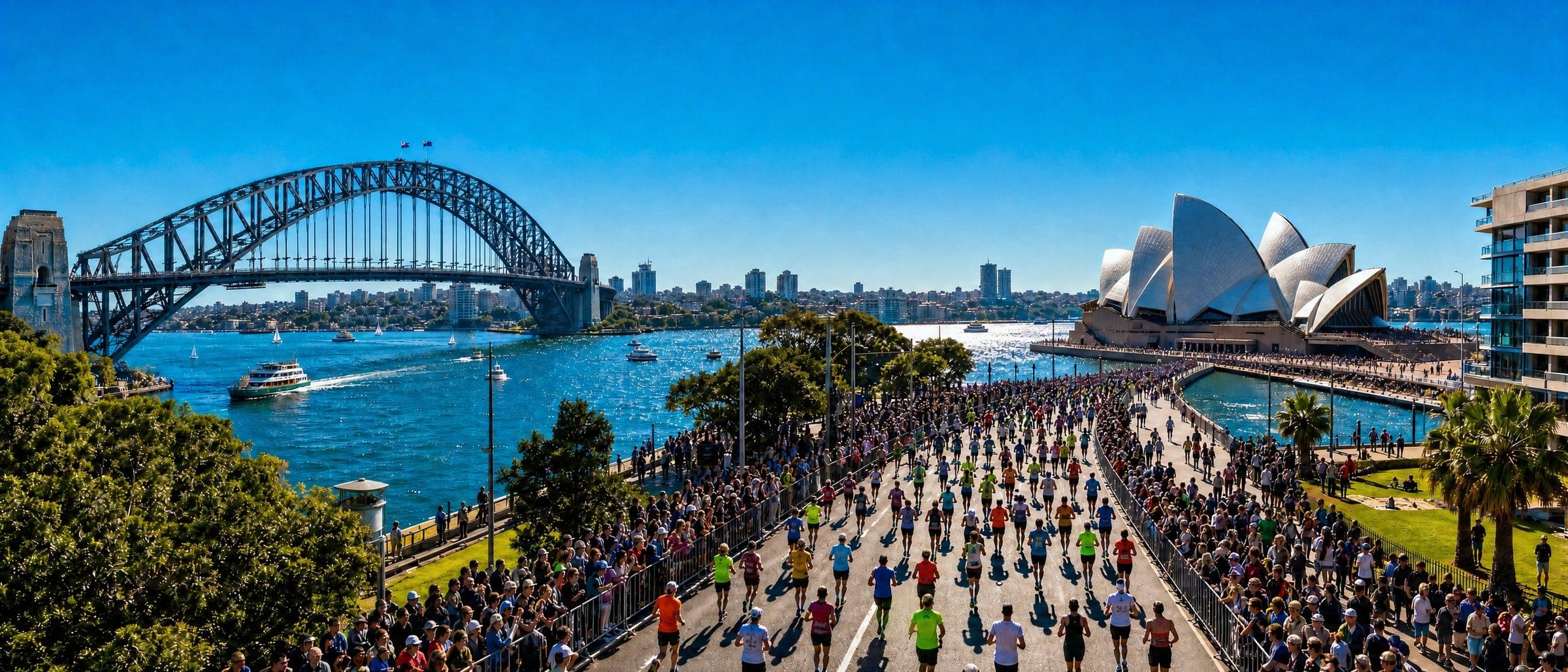 Marathon runners on the Sydney waterfront course on a bright morning, with the Harbour Bridge and Opera House behind