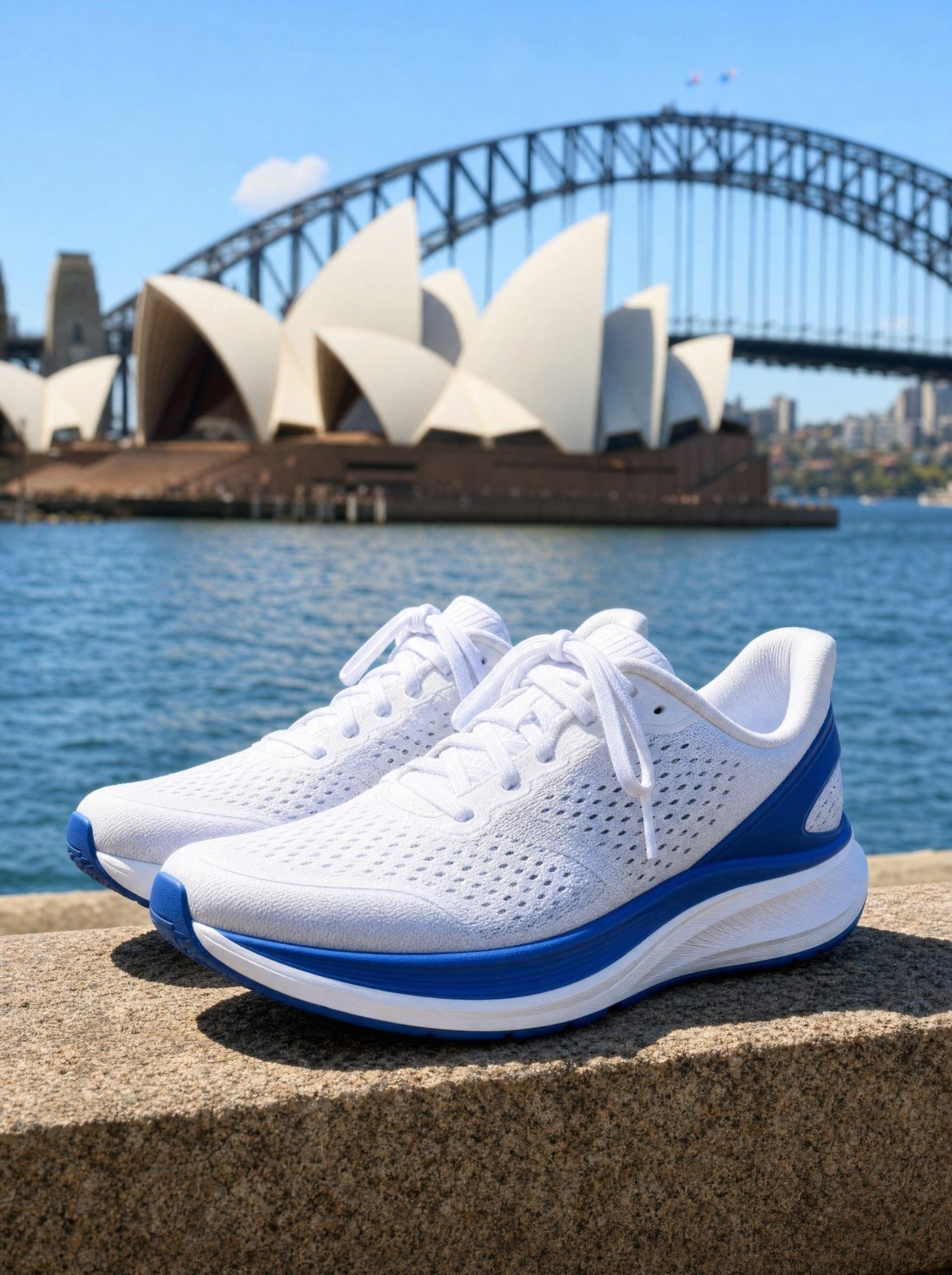 White and blue running shoes with the Sydney Opera House and Harbour Bridge behind them