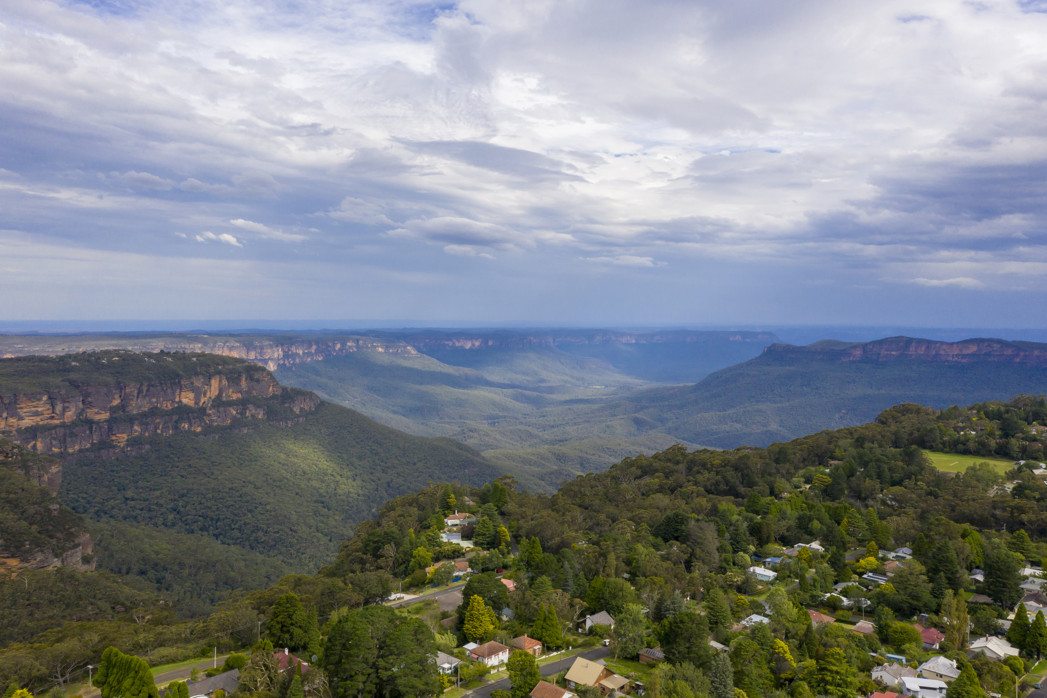 Aerial view of the Jamison Valley in Katoomba in The Blue Mountains in regional New South Wales in Australia
