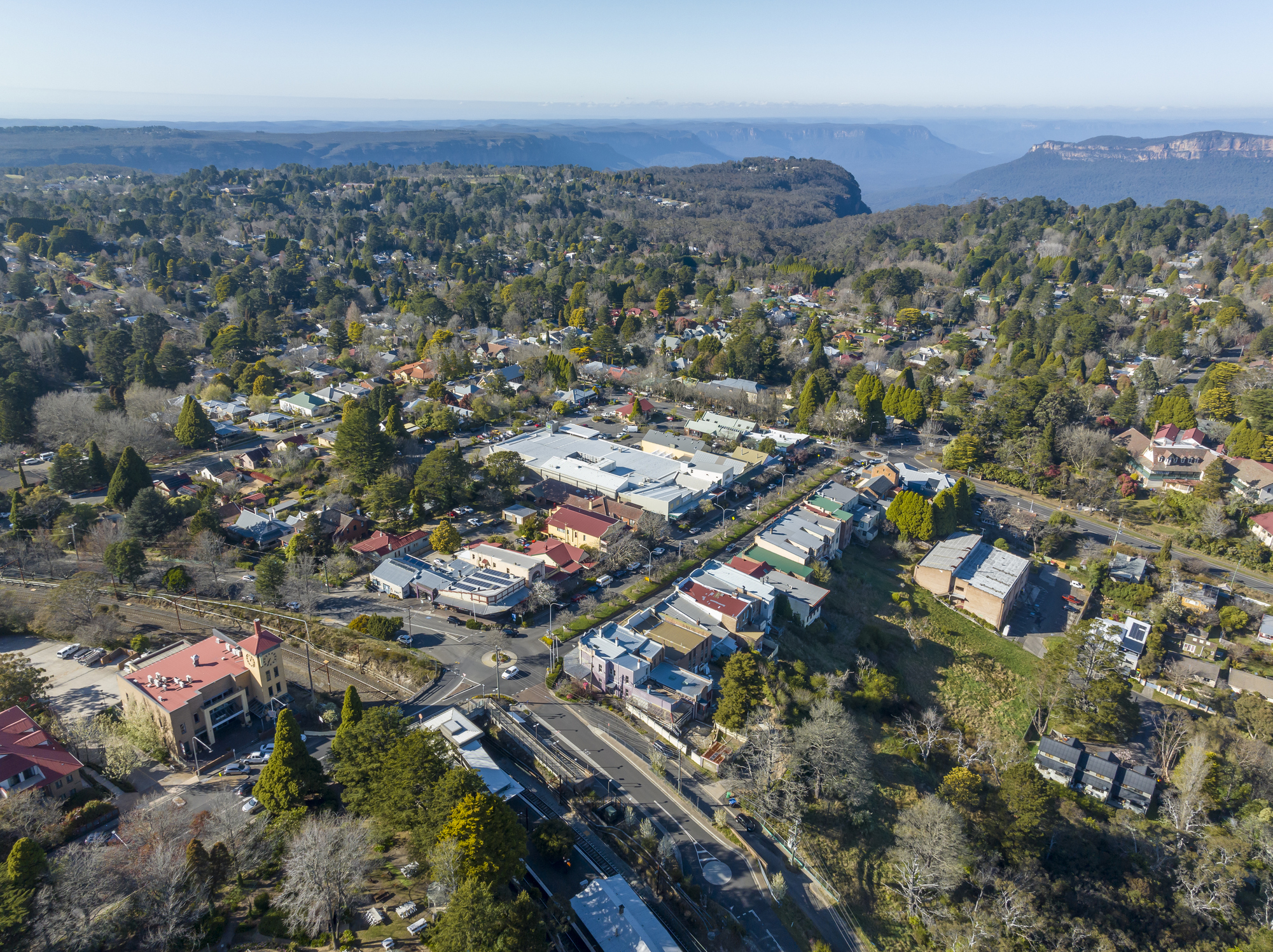 Drone aerial photograph of the township of Leura in New South Wales in Australia